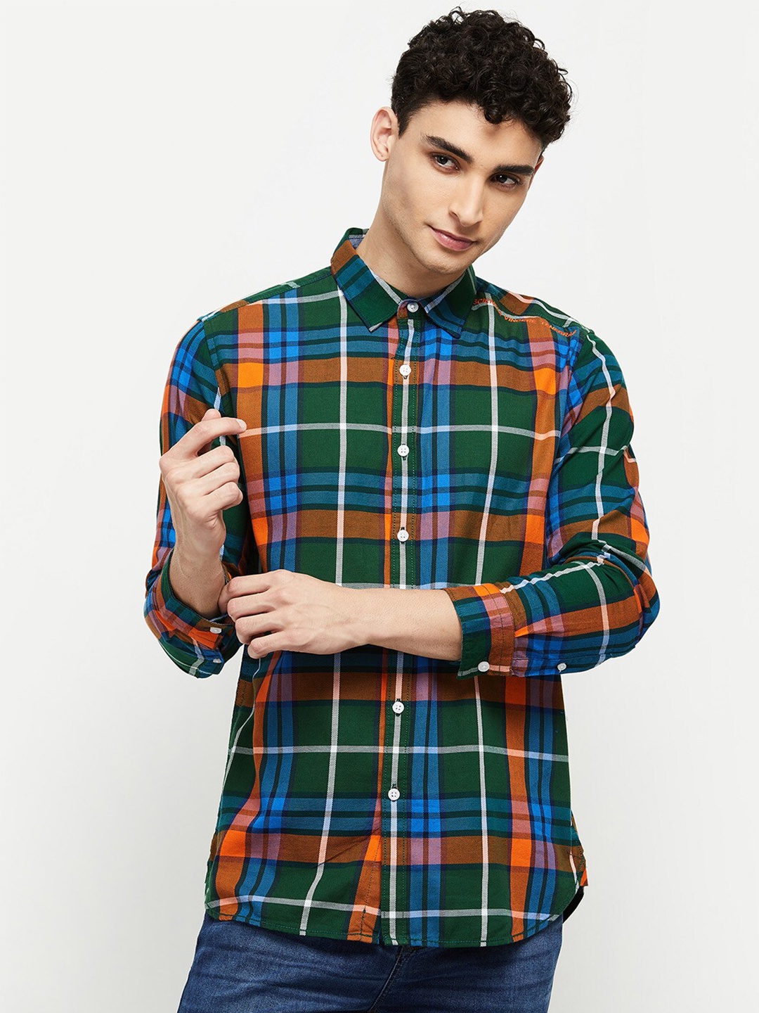 max Men Green Classic Tartan Checked Cotton Casual Shirt