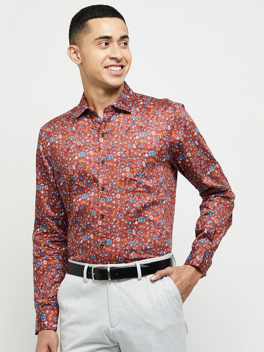 max Men Rust Classic Floral Printed Cotton Formal Shirt