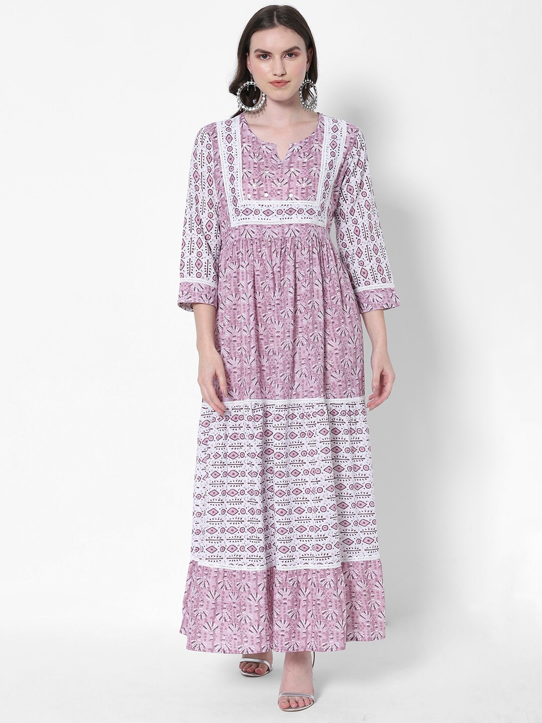 HEEPOSH Women Pink & White Ethnic Motifs Maxi Cotton Dress