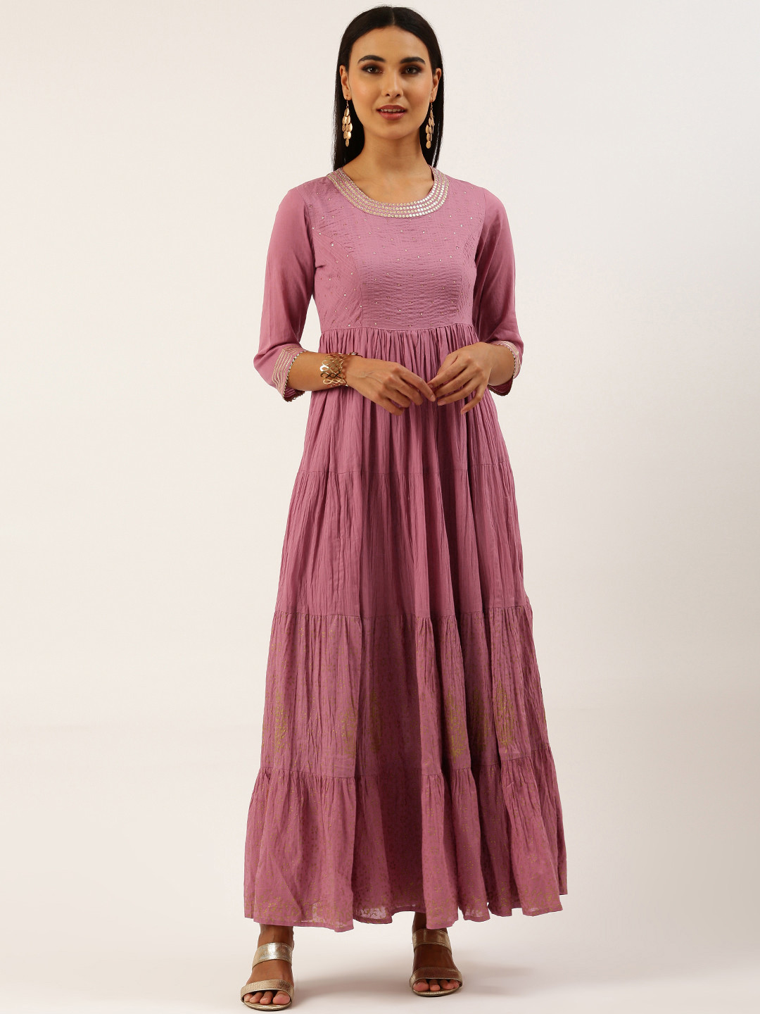 HEEPOSH Pink Cotton Sequinned Ethnic A-Line Tiered Maxi Dress 
HEEPOSH Pink Cotton Sequinned Ethnic A-Line Tiered Maxi Dress