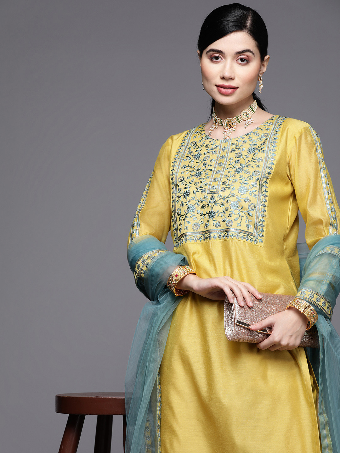 Inddus Women Yellow Floral Yoke Design Thread Work Chanderi Cotton Kurta with Trousers & With Dupatta
Inddus Women Yellow Floral Yoke Design Thread Work Chanderi Cotton Kurta with Trousers & With Dupatta