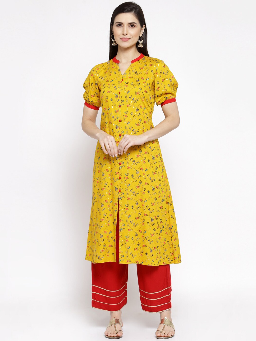 KALINI Mandarin Collar Floral Printed Regular A-Line Kurta, Yellow