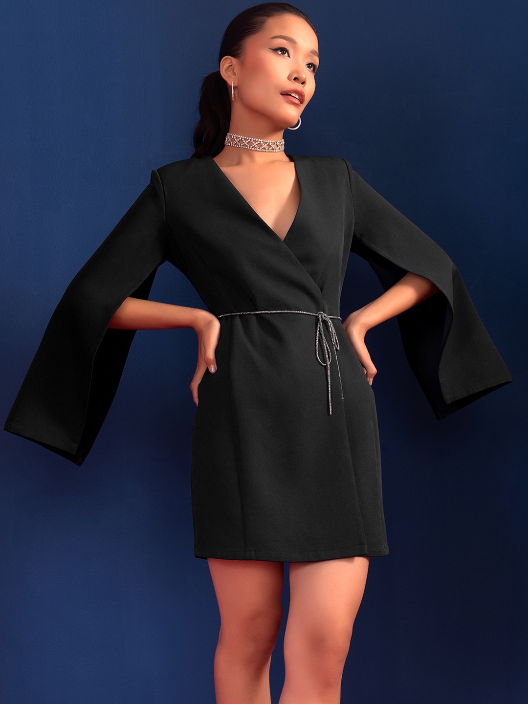FabAlley Blazer Dress With Embellished Belt, Black