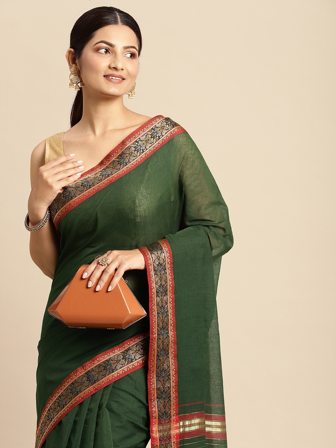 KALINI Green Solid Pure Cotton Venkatgiri Saree