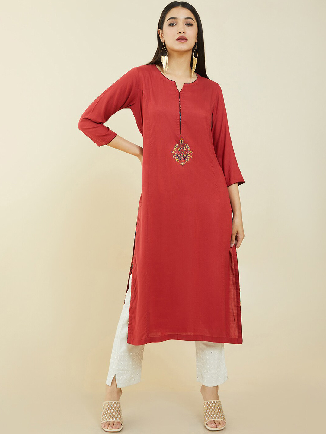 Soch Notched Neck Three-Quarter Embroidered Sleeves Kurta, Rust 
Soch Notched Neck Three-Quarter Embroidered Sleeves Kurta, Rust