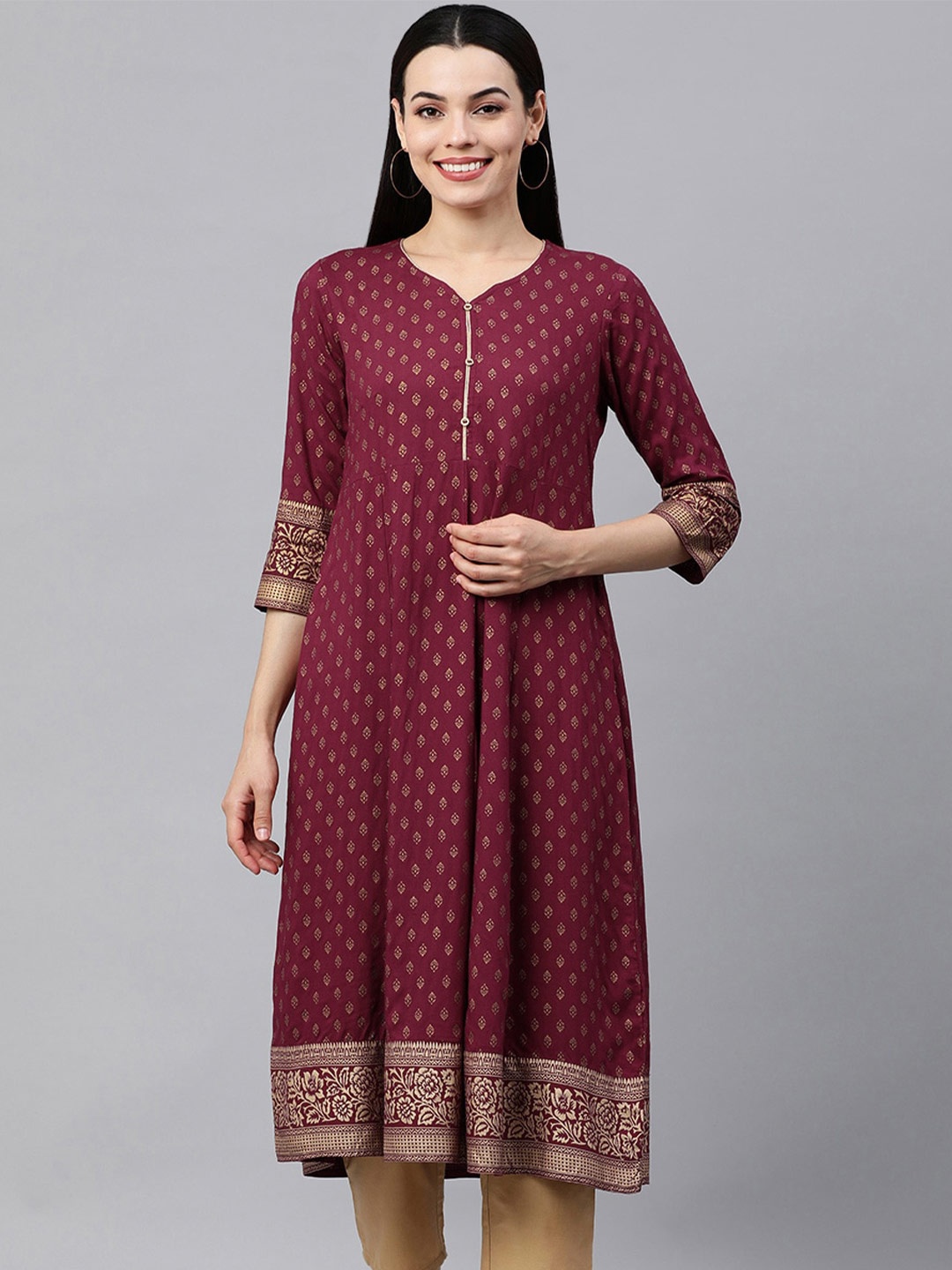 HERE&NOW Women Maroon Ethnic Motifs Printed Anarkali Kurta