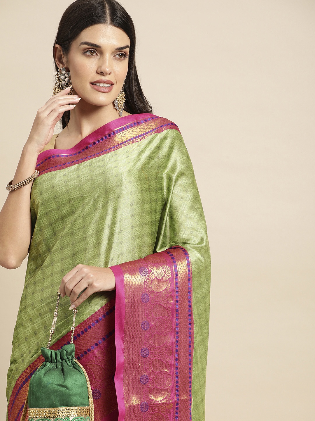 FASHDEAL Floral Pure Cotton Heavy Work Saree, Green