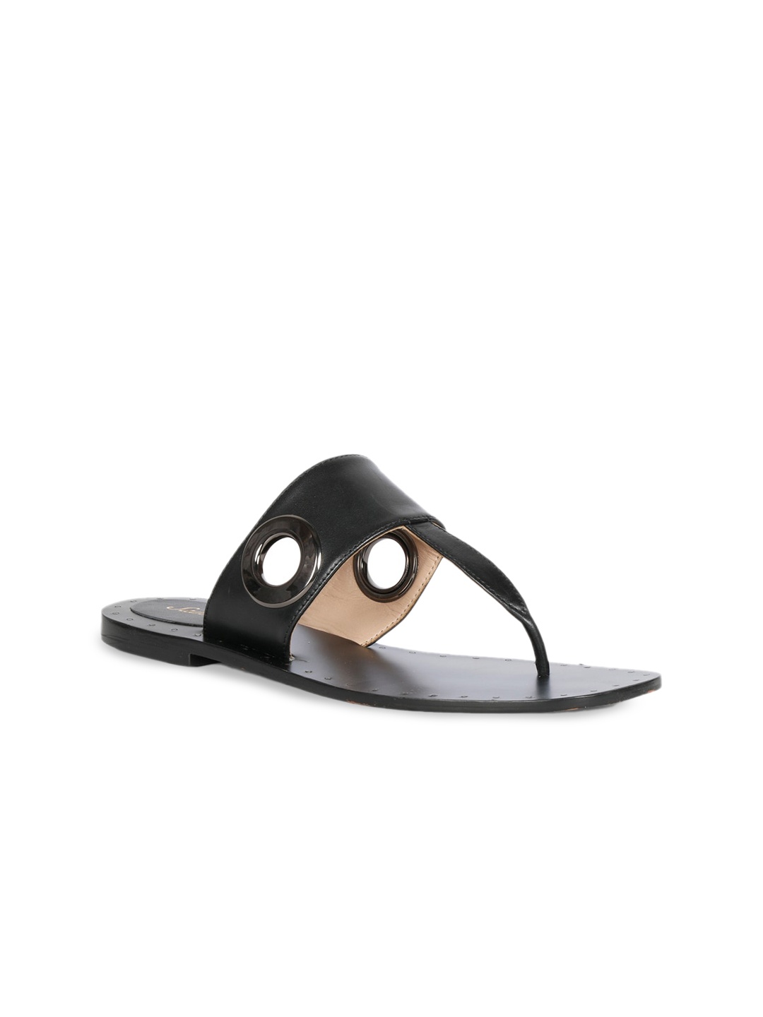 Saint G Women Black Leather T-Strap Flats