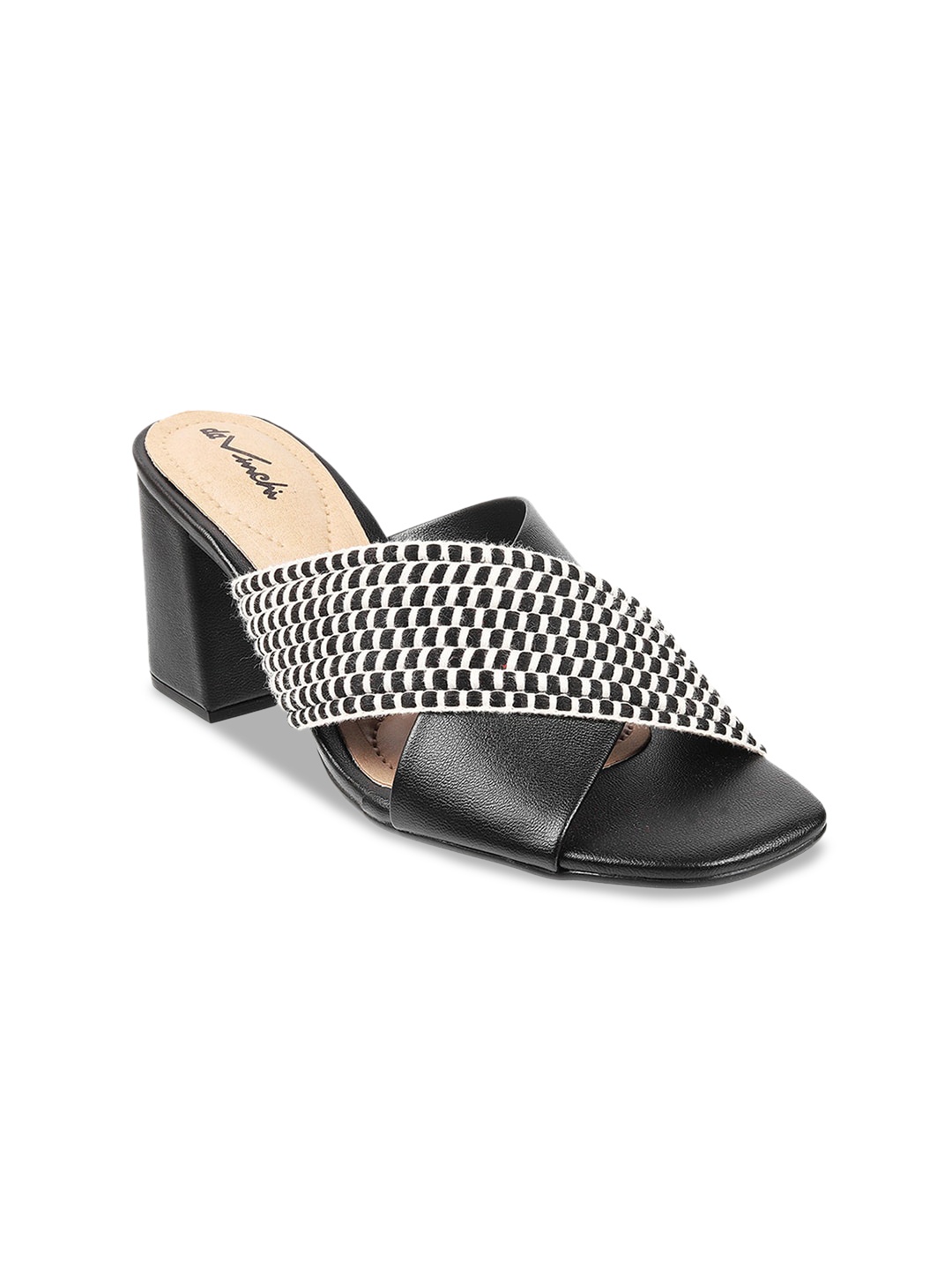 DAVINCHI Black Woven Design Block Heels