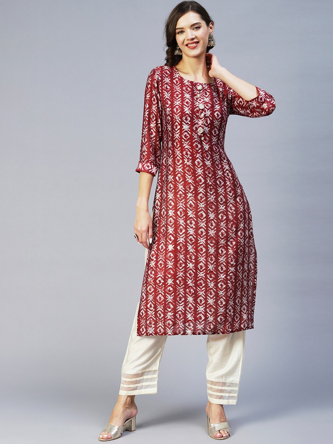 FASHOR Printed Straight Regular Kurta, Maroon