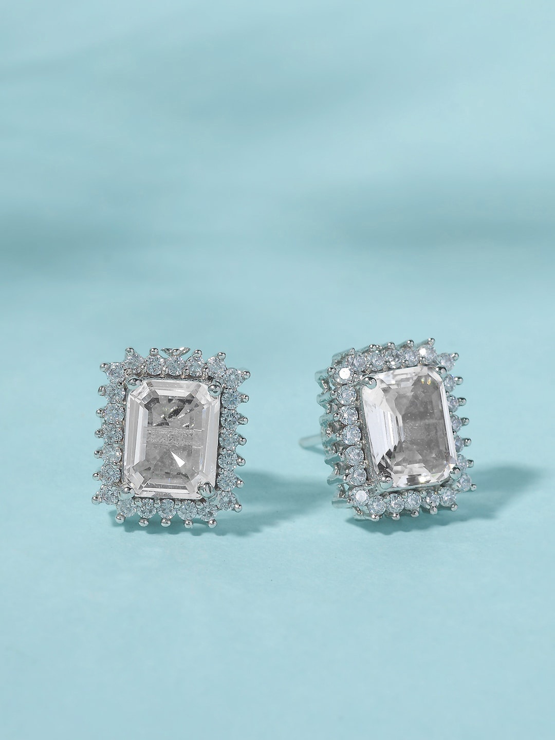 Voylla White & Silver-Toned Rhodium-Plated Square Studs Earrings