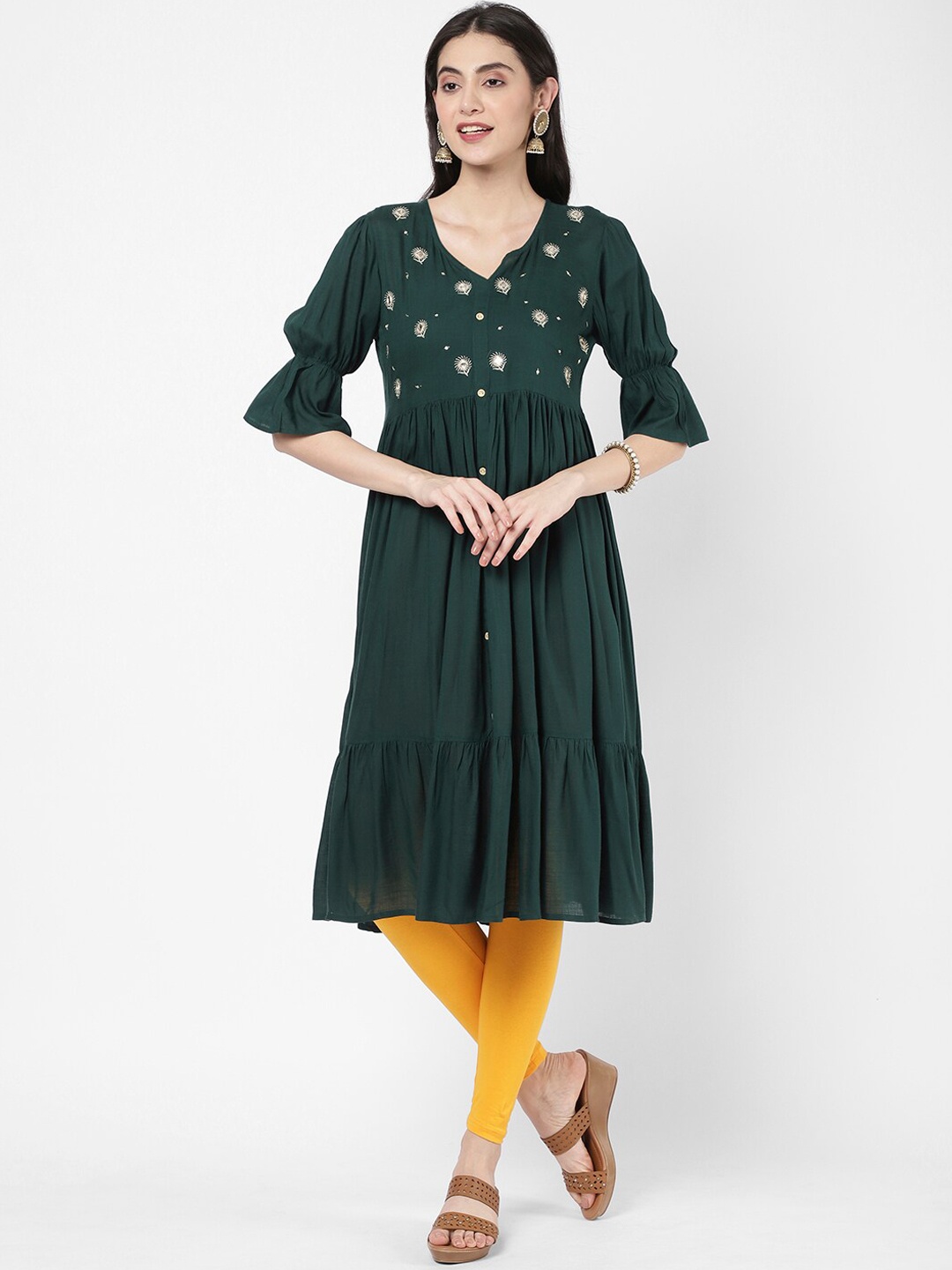 R&B Women Green Ethnic Motifs Embroidered Mirror Work Tiering Anarkali Kurta