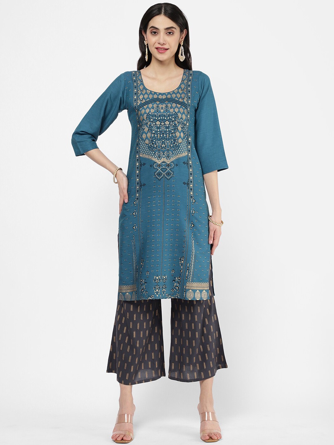 R&B Women Blue Ethnic Motifs Printed Scoop Neck Pure Cotton Kurta