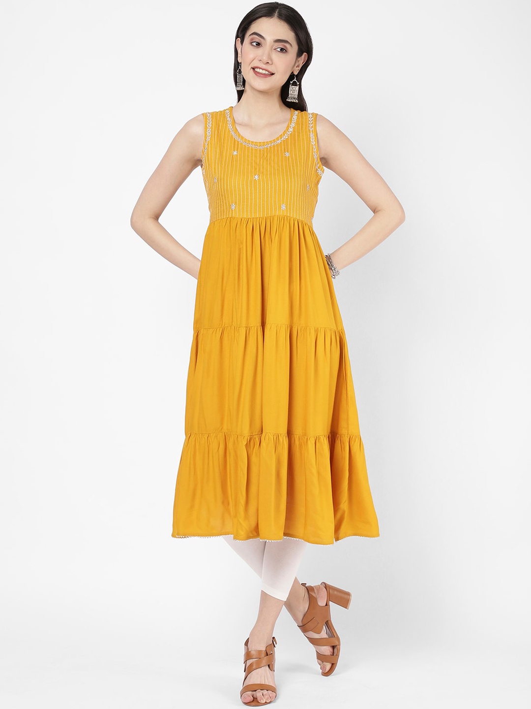 R&B Scoop Neck Embroidered Thread Work Cotton Anarkali Kurta, Yellow