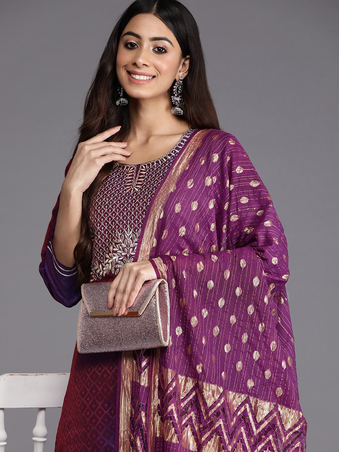 Varanga Purple Geometric Woven Design Thread Work Jacquard Kurta with Trousers & Dupatta
Varanga Purple Geometric Woven Design Thread Work Jacquard Kurta with Trousers & Dupatta