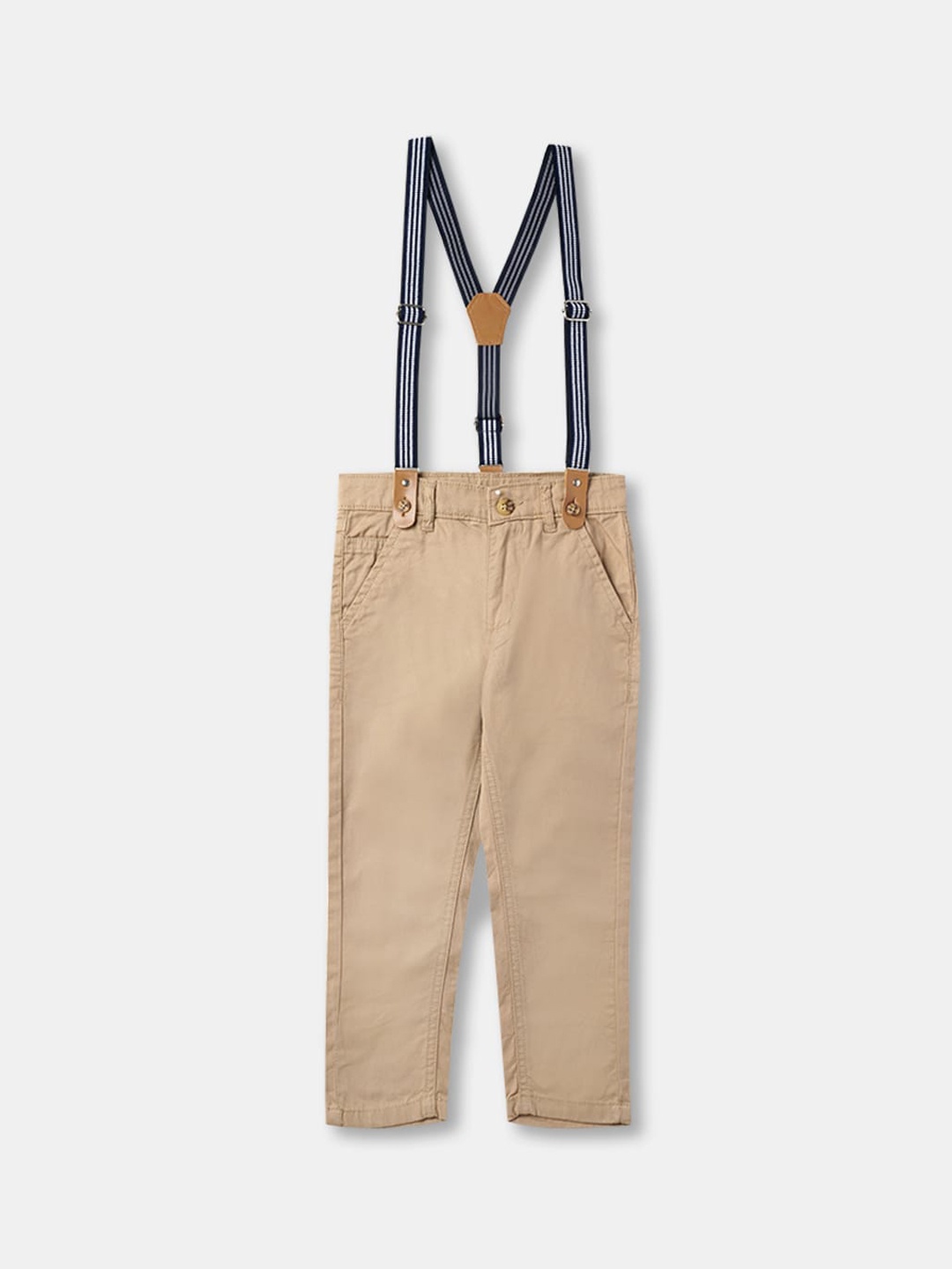 R&B Boys Beige Solid Cotton Trousers with Suspenders