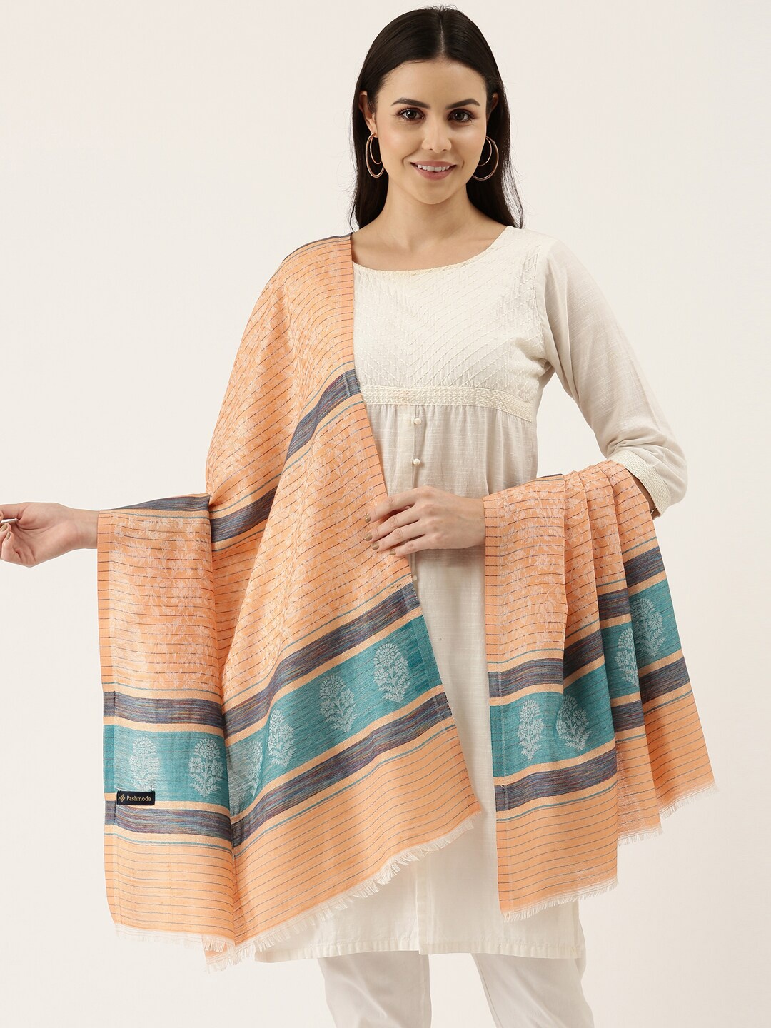 Pashmoda Women Orange & Green Woven Design Stole