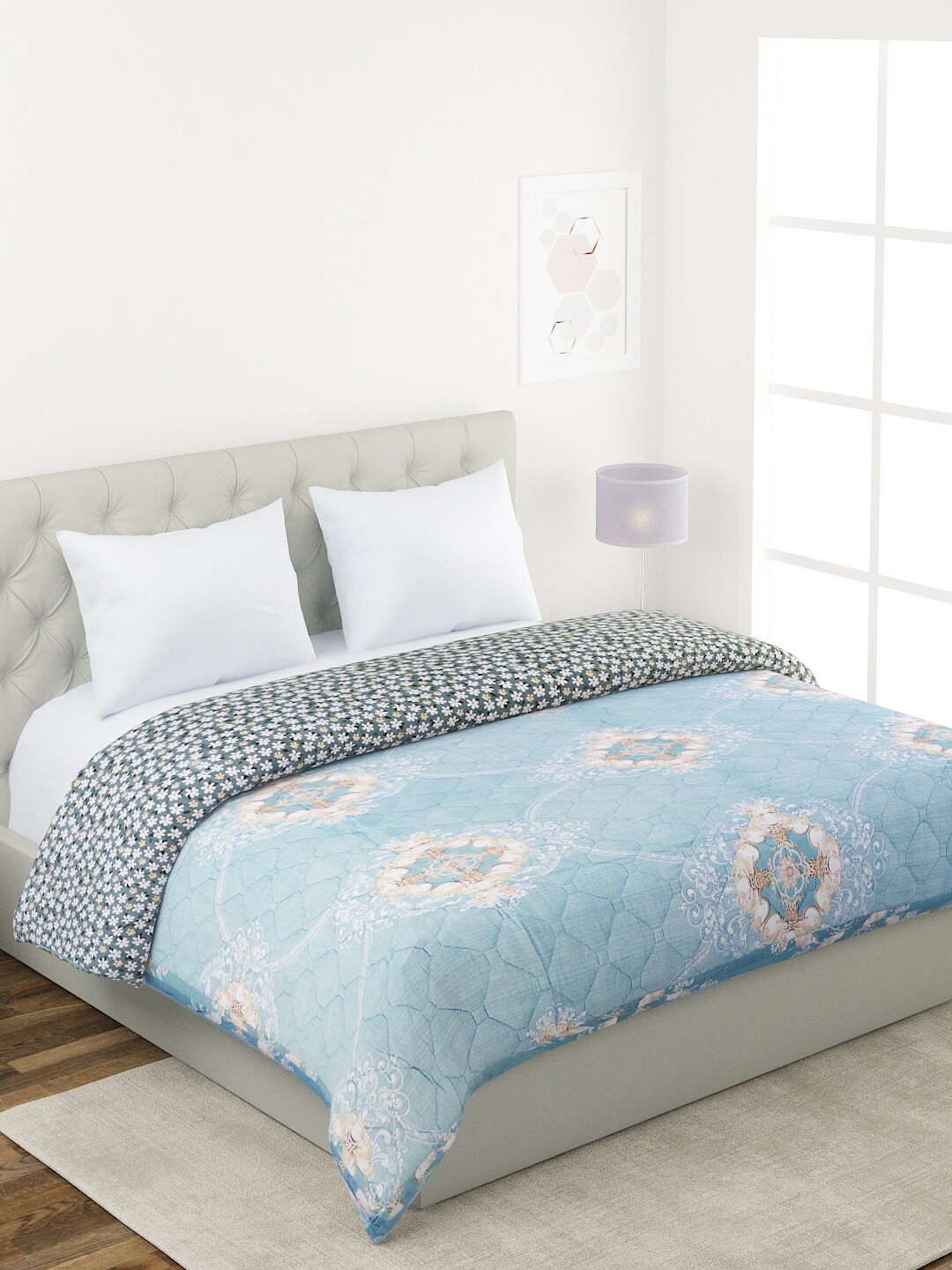 A Homes Grace Turquoise Blue & Grey Floral Reversible AC Room 120 GSM Double Bed Comforter
A Homes Grace Turquoise Blue & Grey Floral Reversible AC Room 120 GSM Double Bed Comforter
