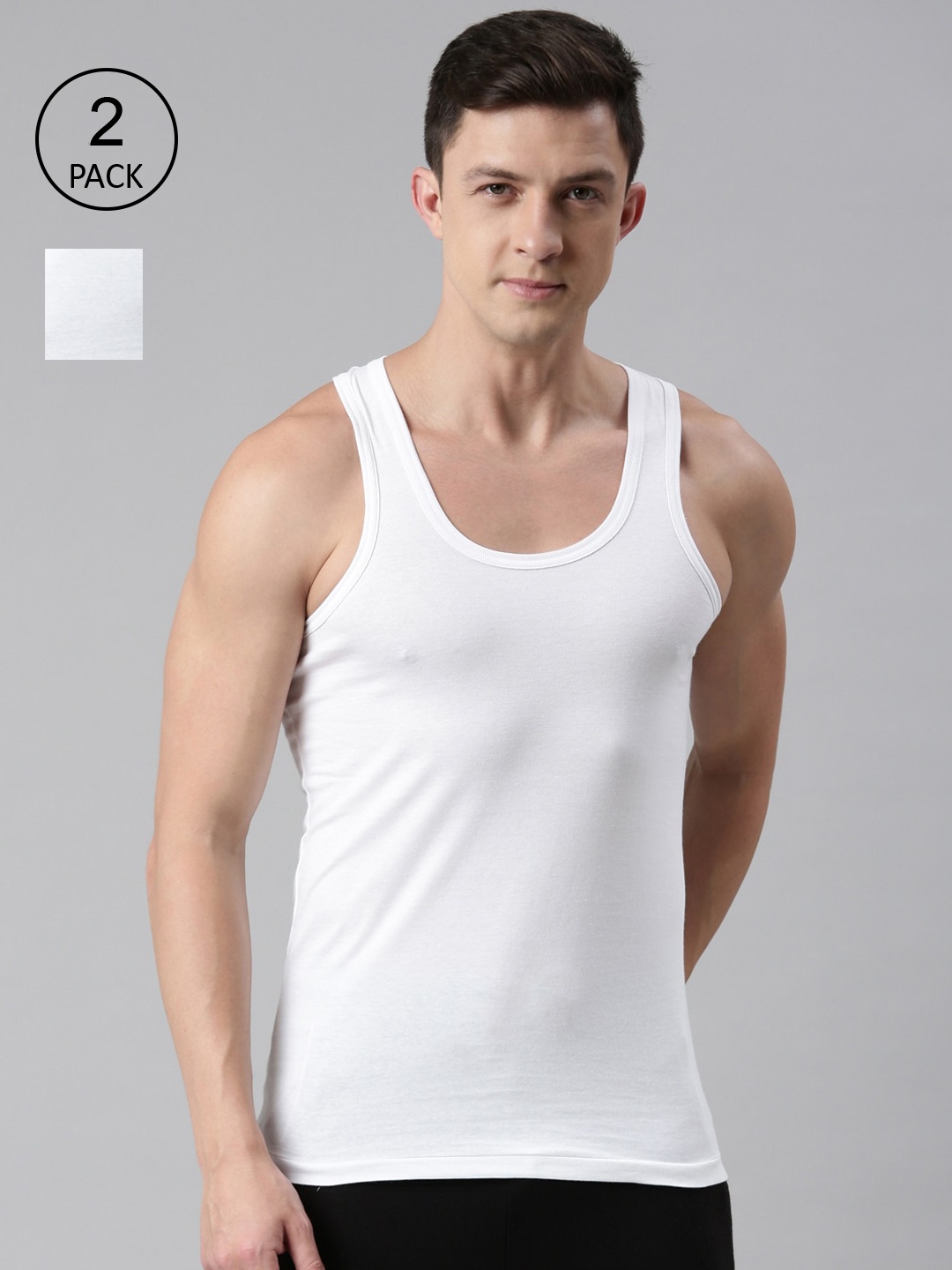 FASO Men Pack Of 2 White Solid Pure Cotton Innerwear Vests