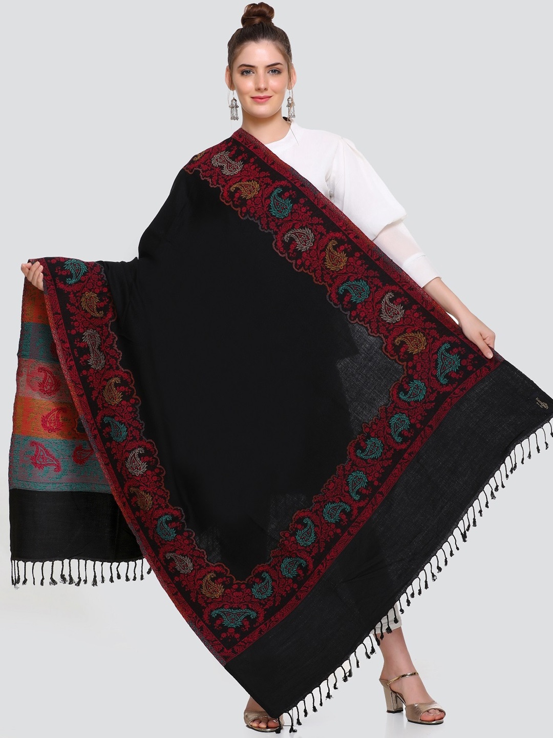 KANIGARI Women Black Woven-Design Pure Wool Shawl