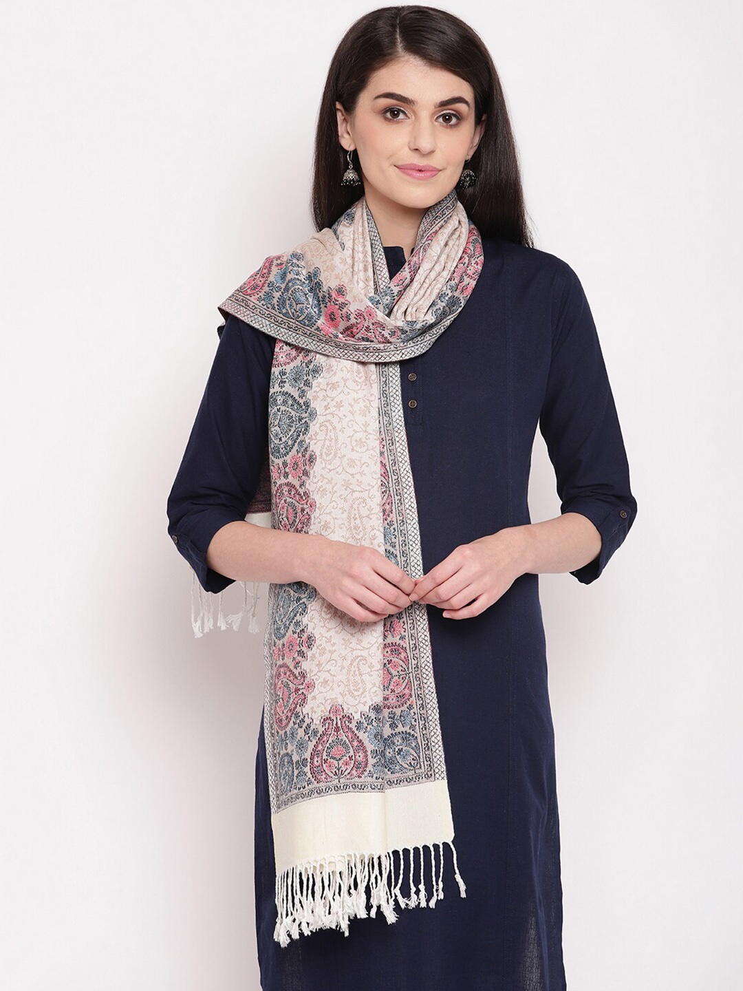 HK colours of fashion Women Off White & Pink Woven Design Stole