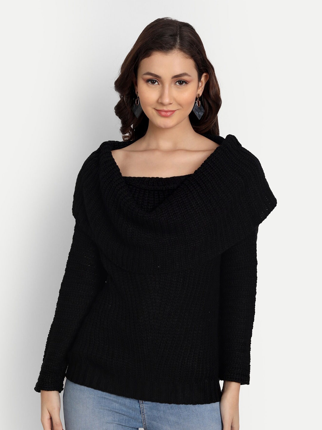 Fibre World Women Black Wool Ribbed Pullover