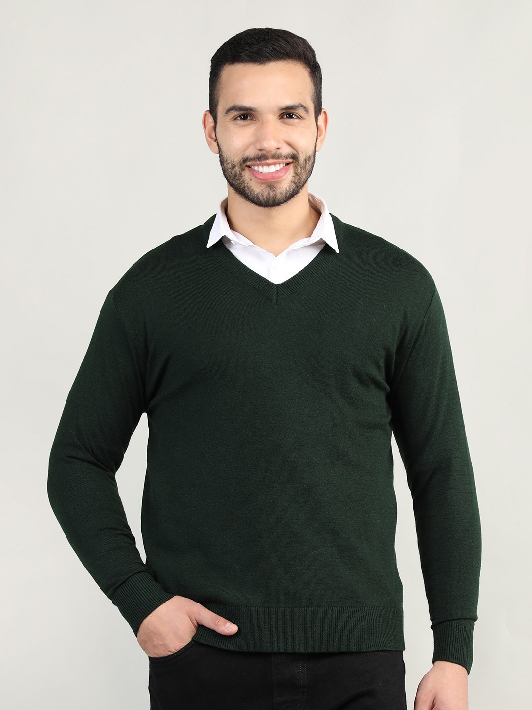 CHKOKKO Men Wool Green Pullover