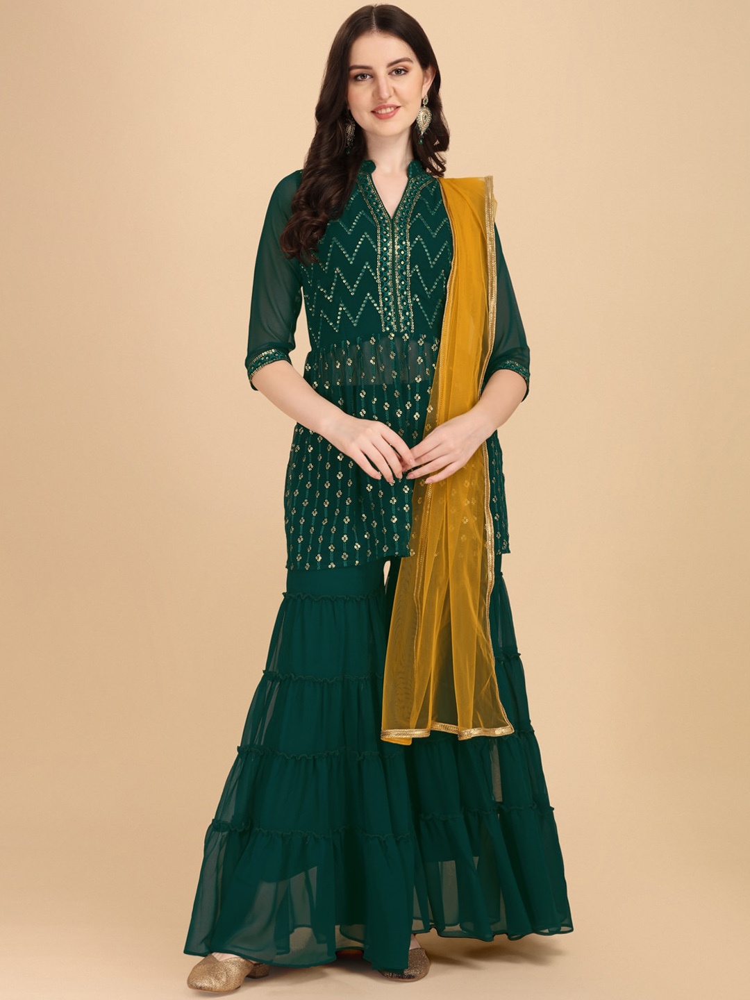 Virah Fashion Women Green Embroidered Sequinned Top with Sharara & With Dupatta