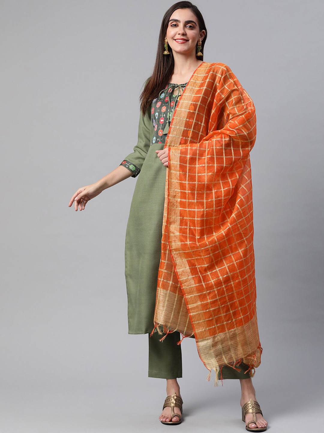KALINI Women Green Yoke Design Kurta with Trousers & With Dupatta