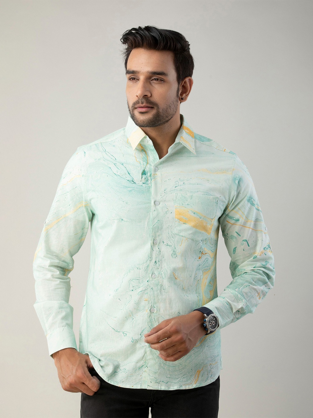 Sutidora Men Classic Printed Casual Cotton Shirt, Green