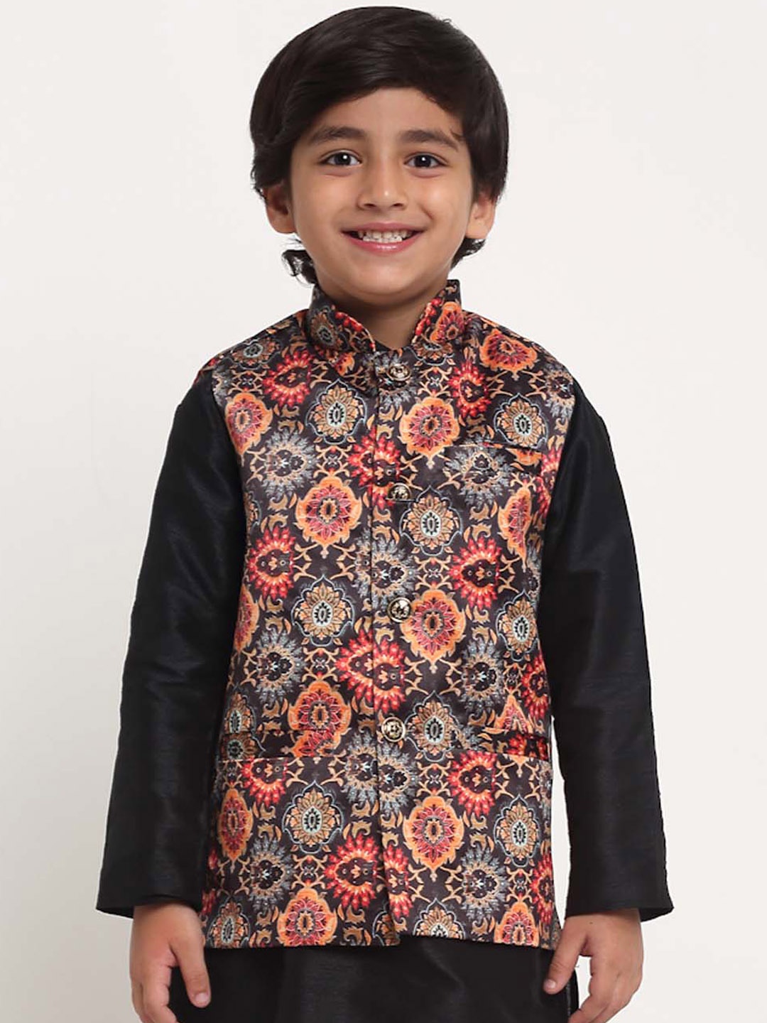 Benstoke Boys Black & Orange-Colored Woven Design Nehru Jacket