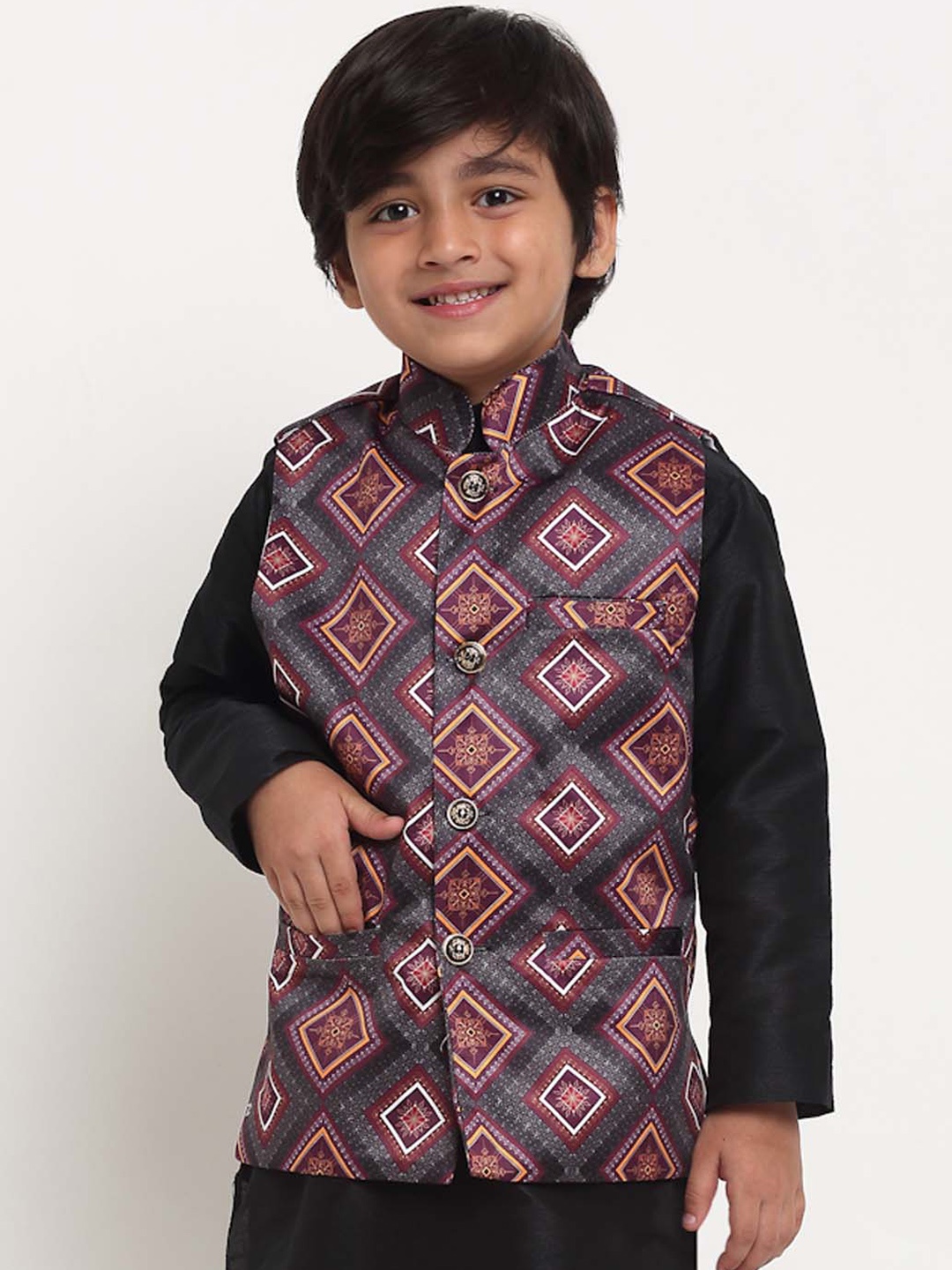 Benstoke Boys Purple & Grey Printed Nehru Jacket