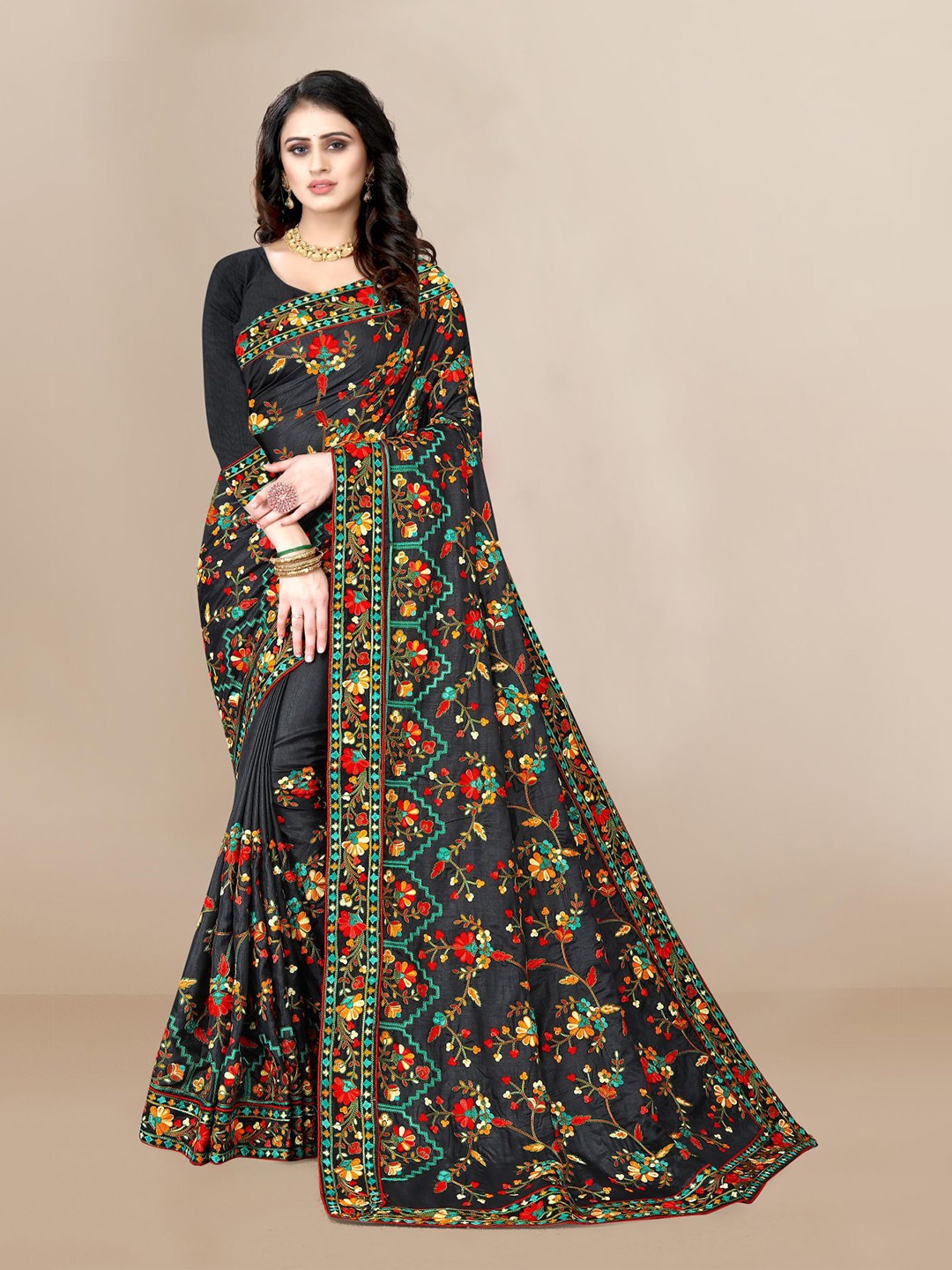 HERE&NOW Black & Red Floral Embroidered Silk Blend Saree