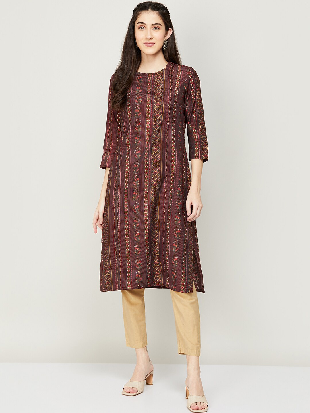 Melange by Lifestyle Women Brown Ethnic Motifs Printed Straight Fit Kurta