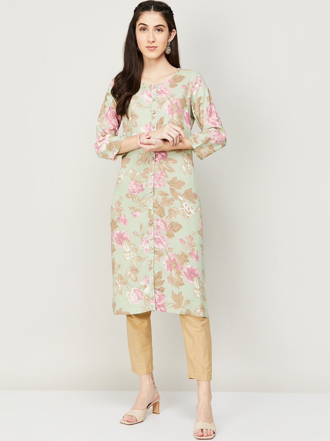 Melange by Lifestyle Women Green & Pink Floral Printed Straight Fit Kurta