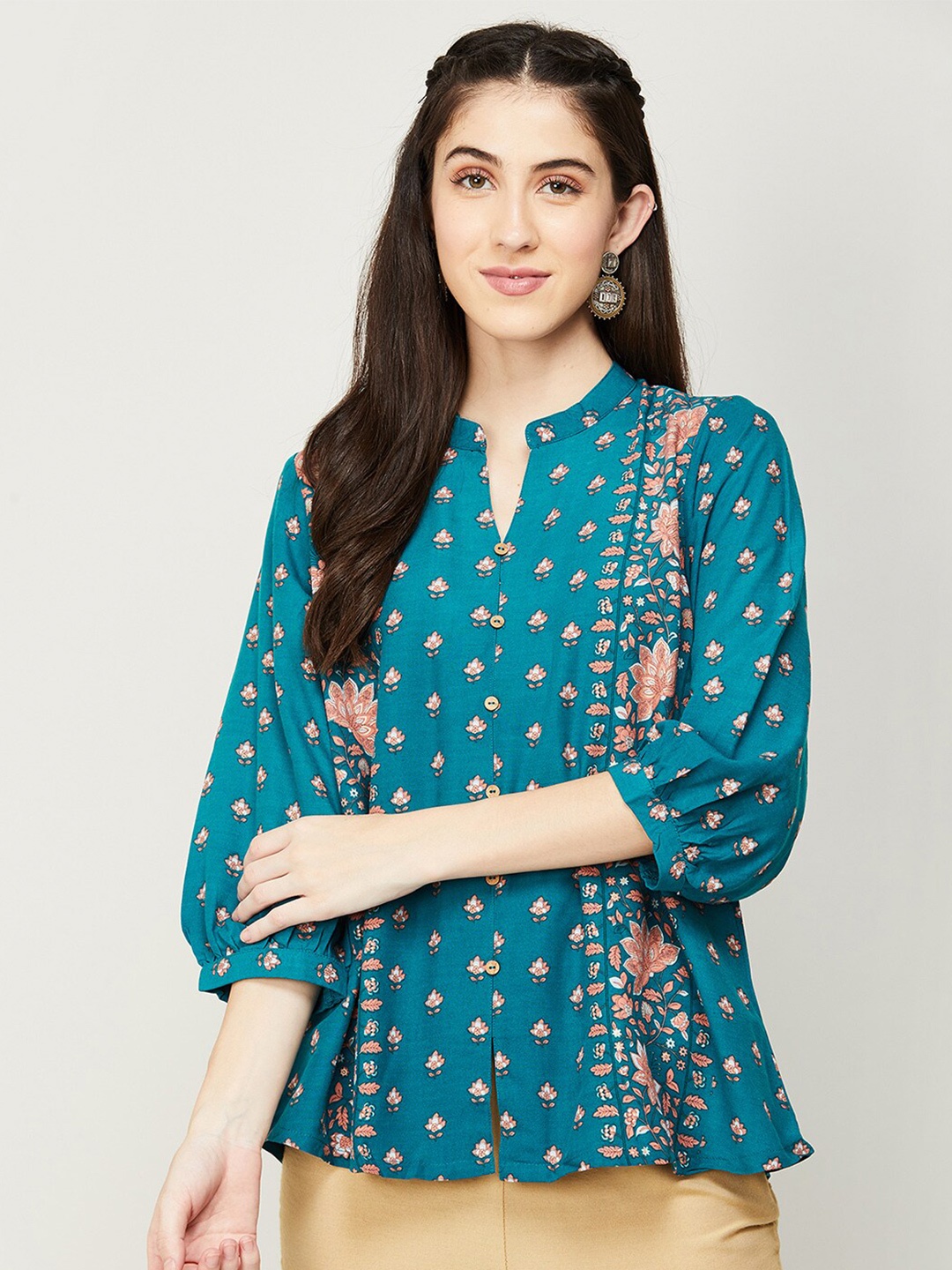 Melange by Lifestyle Teal Blue & White Mandarin Collar Ethnic Printed Tunic
