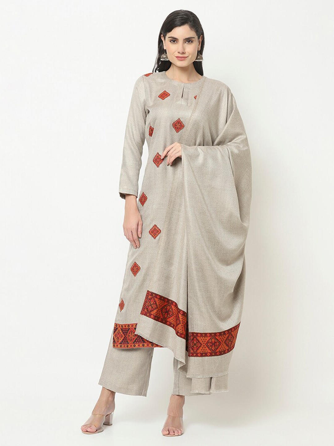 Safaa Grey & Red Viscose Rayon Unstitched Dress Material and Dupatta