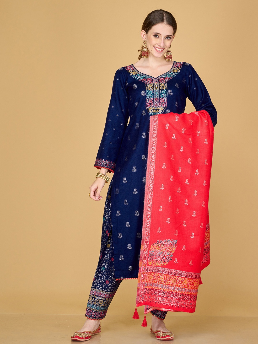 Safaa Women Navy Blue & Red Floral Woven Design Unstitched Dress Material