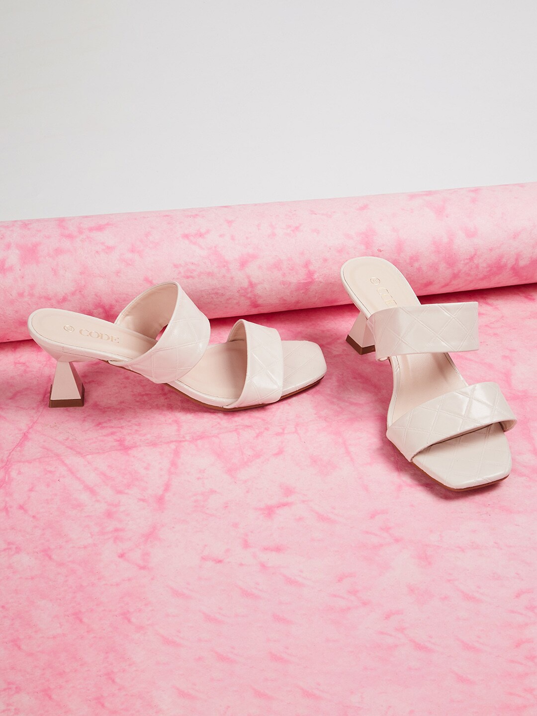 CODE by Lifestyle Textured Open Toe Block Heels, Beige