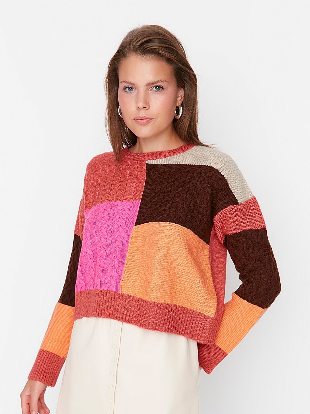 Trendyol Women Orange & Pink Colourblocked Pullover Sweater
