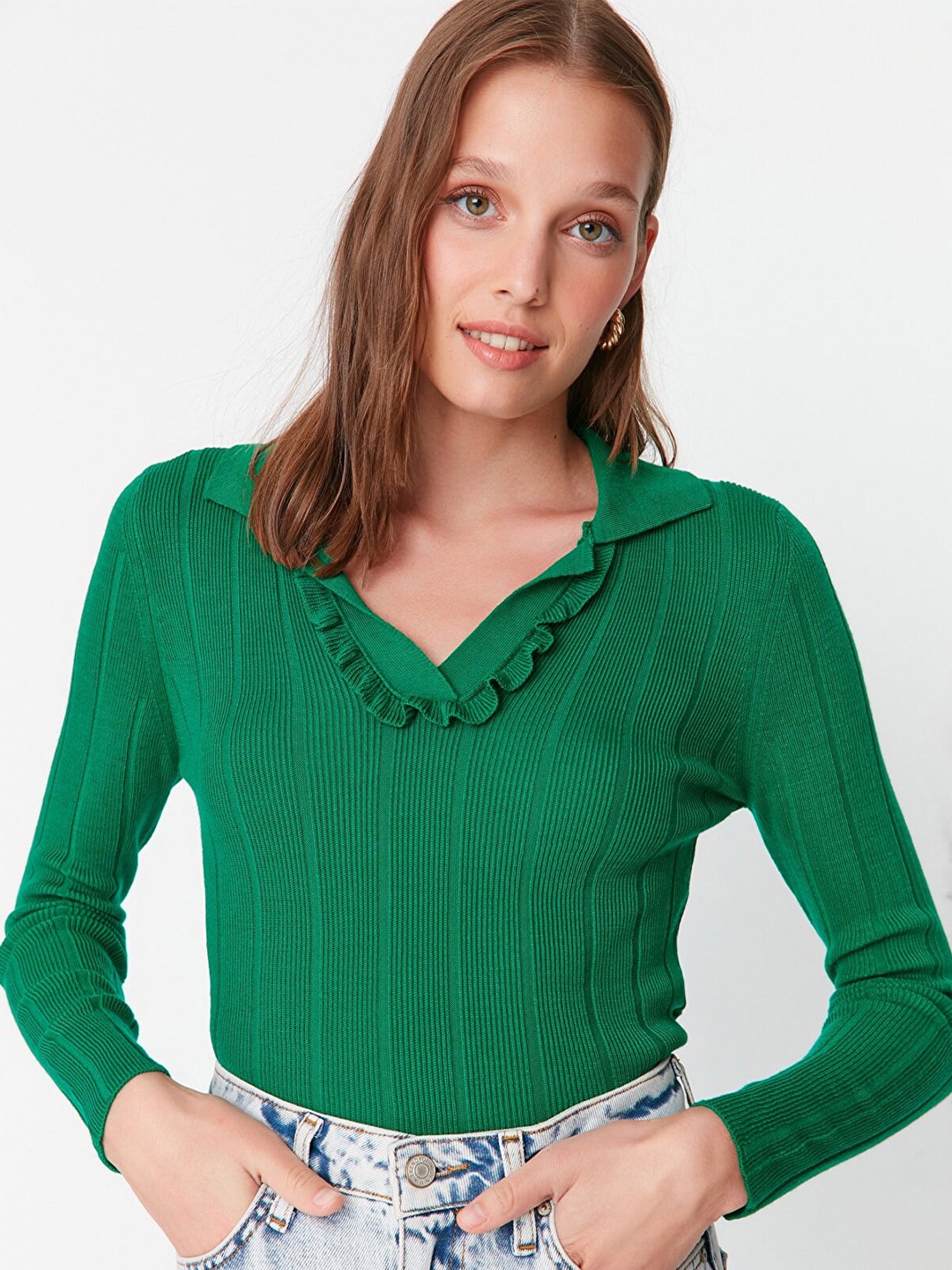 Trendyol Women Green Ribbed Acrylic Pullover Sweater