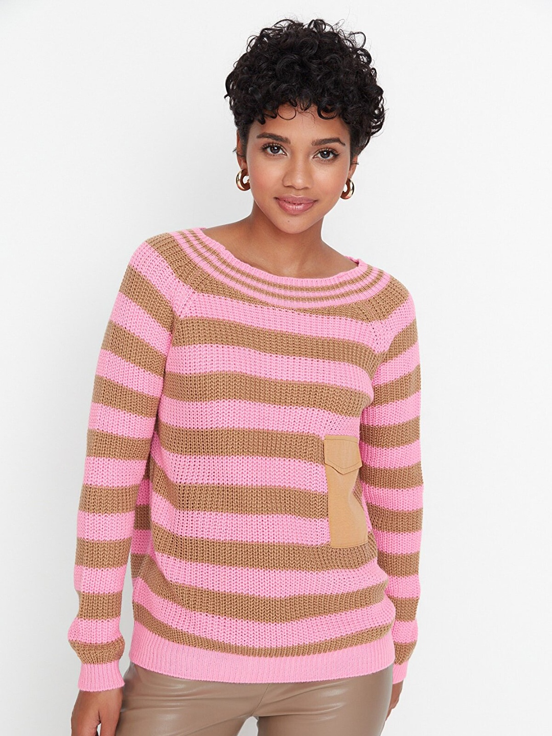 Trendyol Women Pink & Brown Striped Pullover Acrylic Sweater