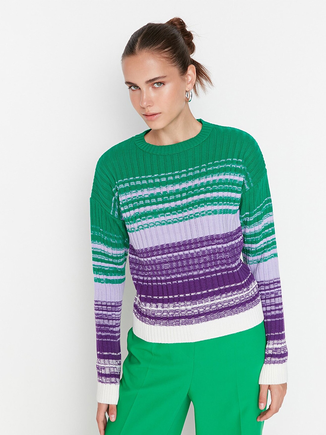 Trendyol Women Green & Purple Striped Pullover Acrylic Sweater