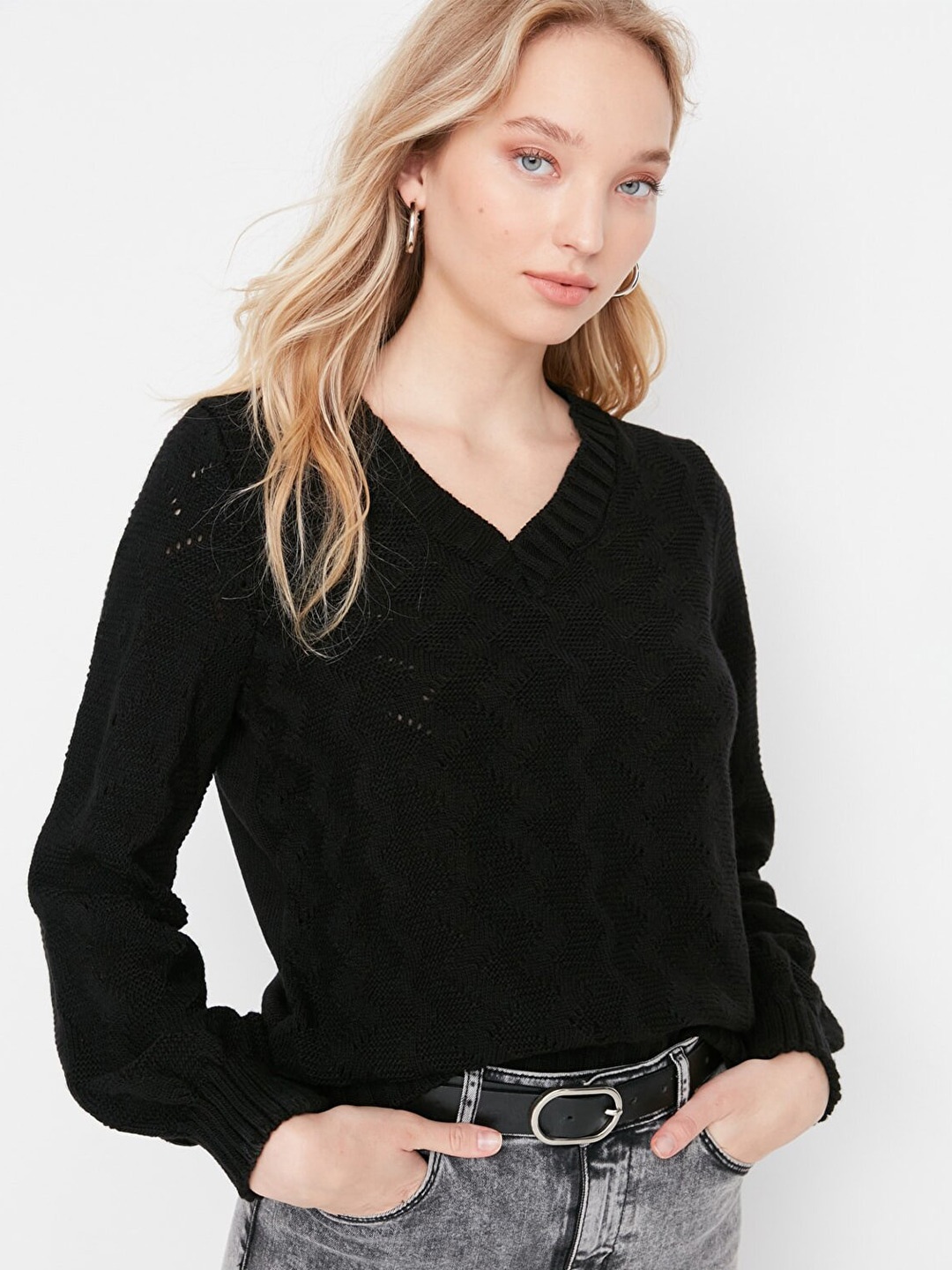 Trendyol Women Black Open Knit Pullover Acrylic Sweater