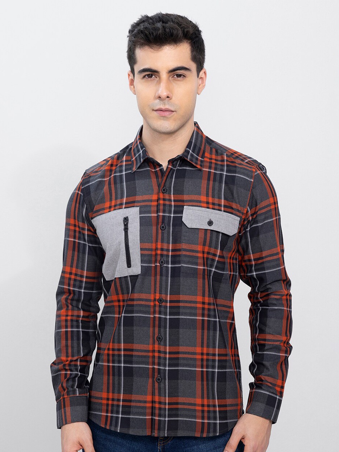 Snitch Men Slim Fit Tartan Checks Cotton Casual Shirt, Grey