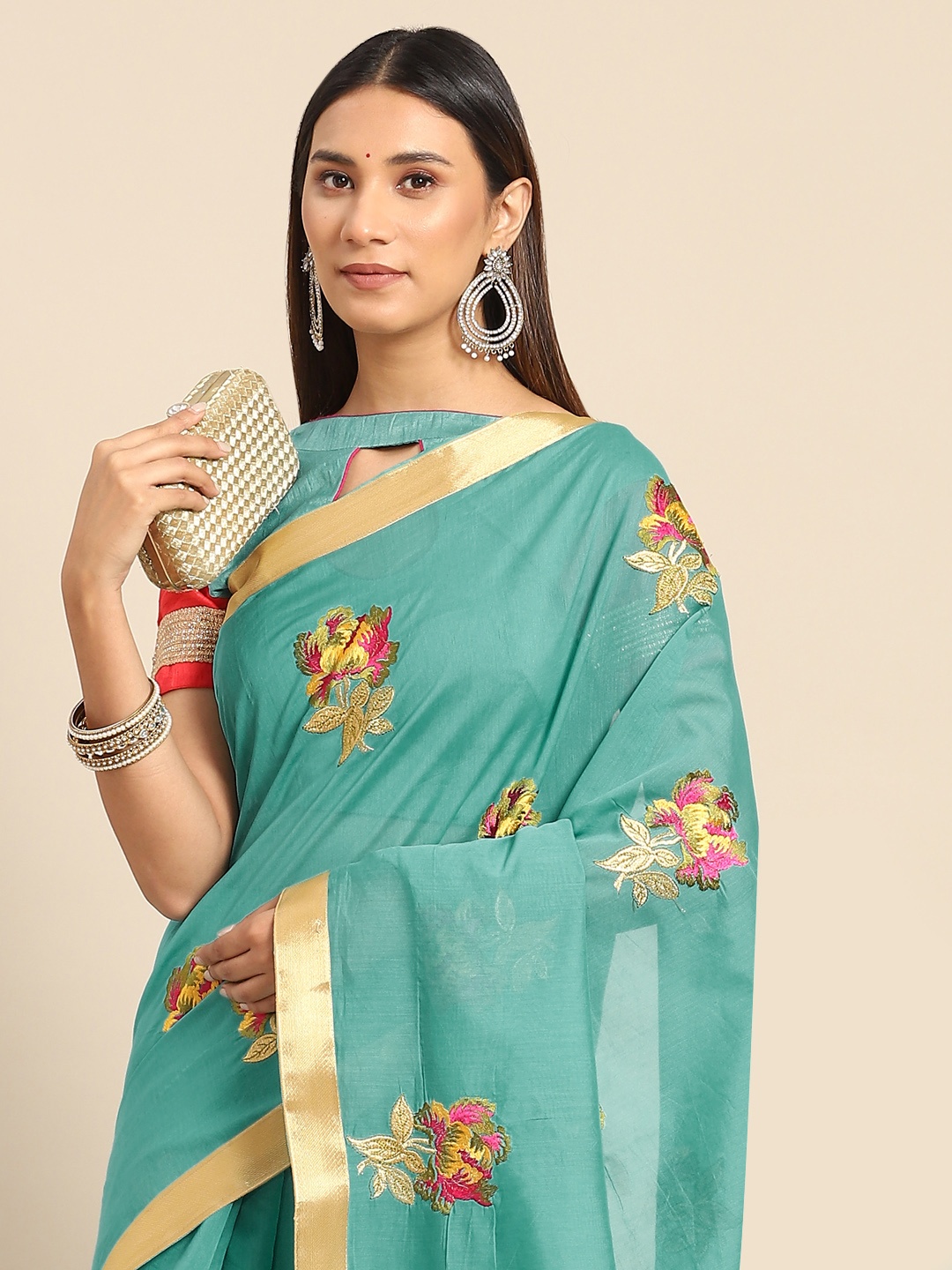 Chhabra 555 Turquoise Blue Floral Embroidered Silk Blend Tussar Saree