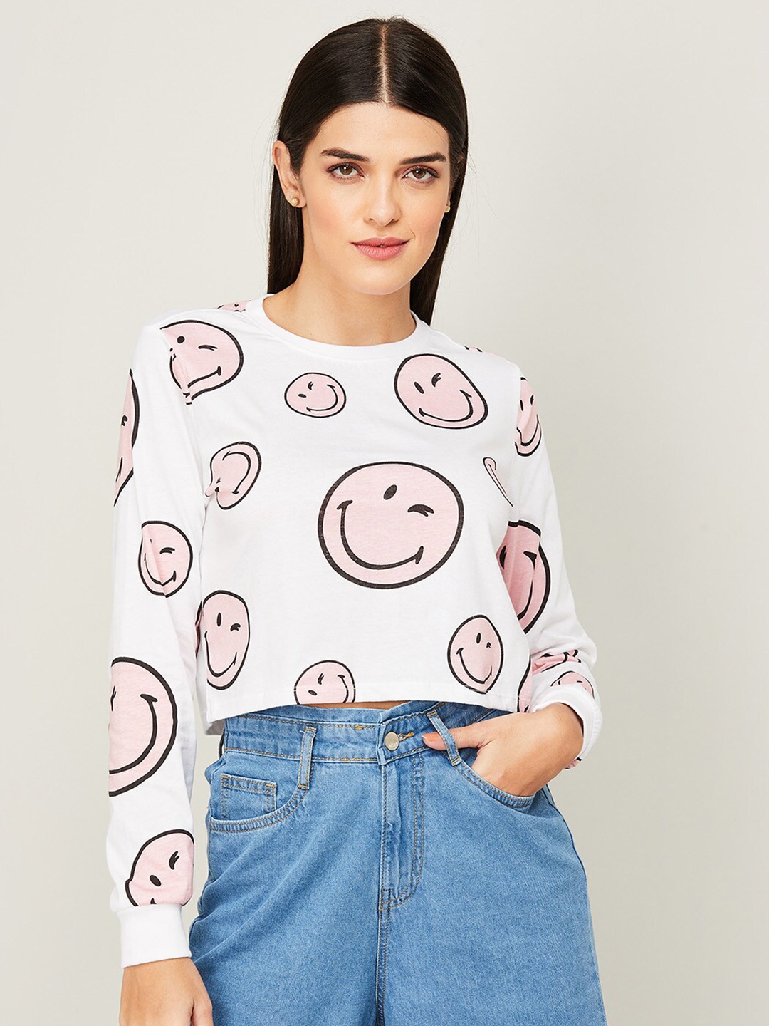 SmileyWorld Women White Printed Cotton Sweatshirt