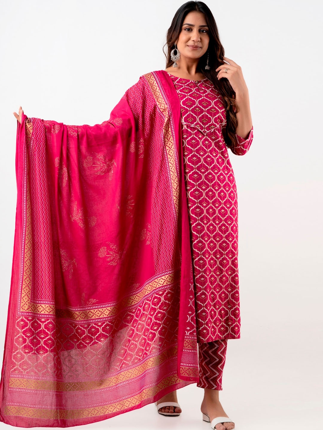 Fusion Threads Women Pink Printed Beads and Stones Kurta With Trousers & With Dupatta
Fusion Threads Women Pink Printed Beads and Stones Kurta With Trousers & With Dupatta