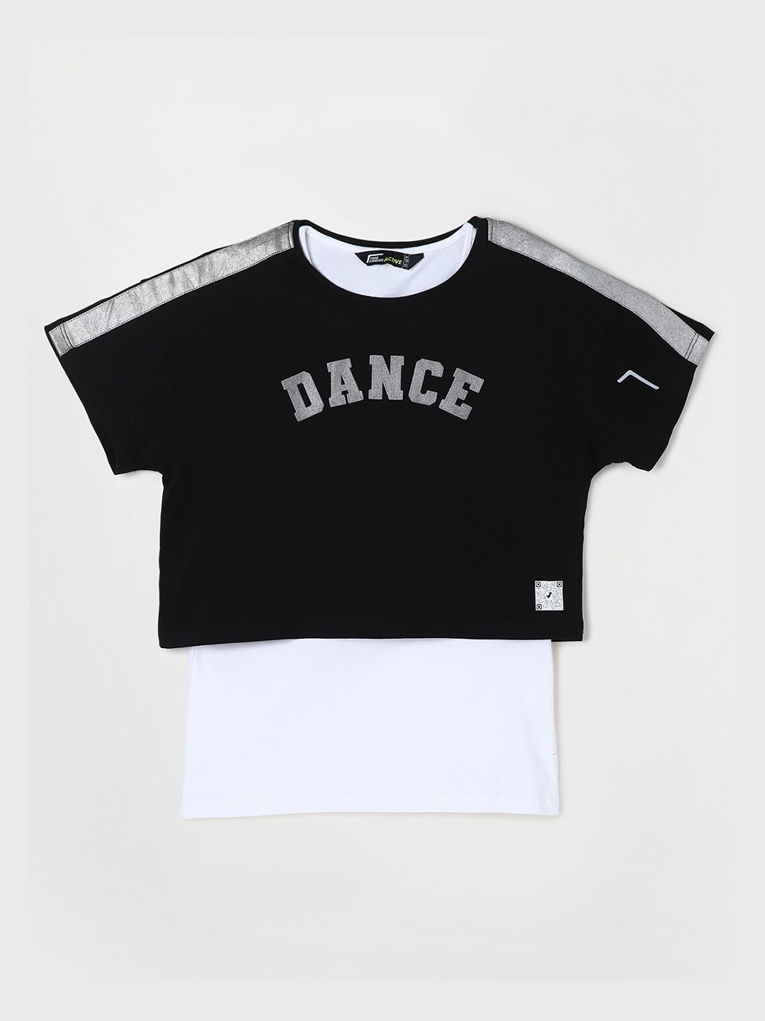 Fame Forever by Lifestyle Girls Black & Silver-Toned Cotton T-shirt With White Tank Top
Fame Forever by Lifestyle Girls Black & Silver-Toned Cotton T-shirt With White Tank Top
