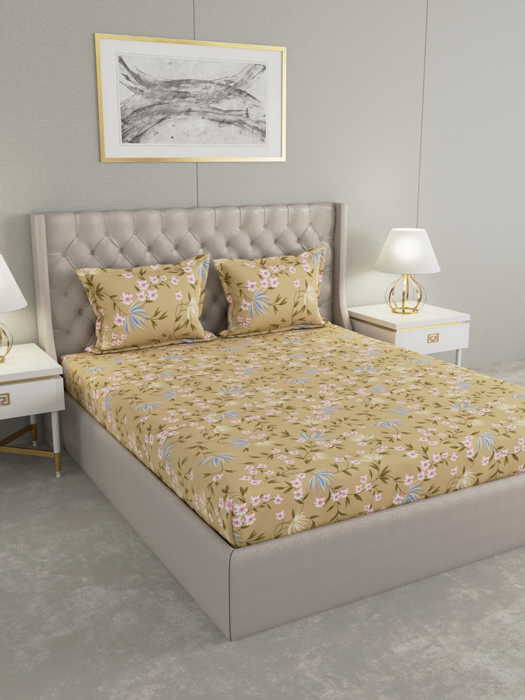 Raymond Home Yellow & Blue Floral 100 TC King Bedsheet with 2 Pillow Covers